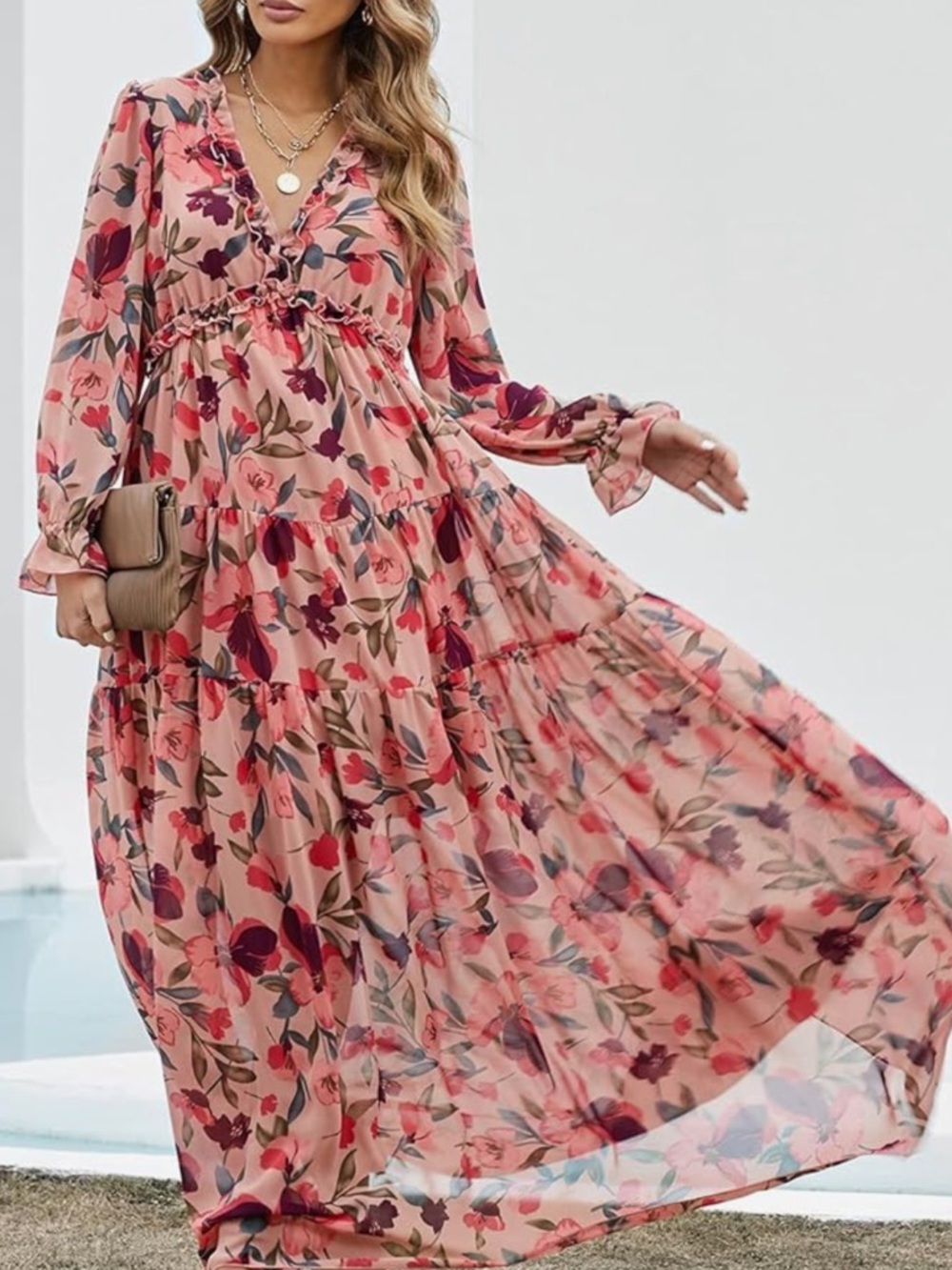 Amazon Sweezarmo Pink and Red Floral Maxi Formal Dress - Picture 4 of 4
